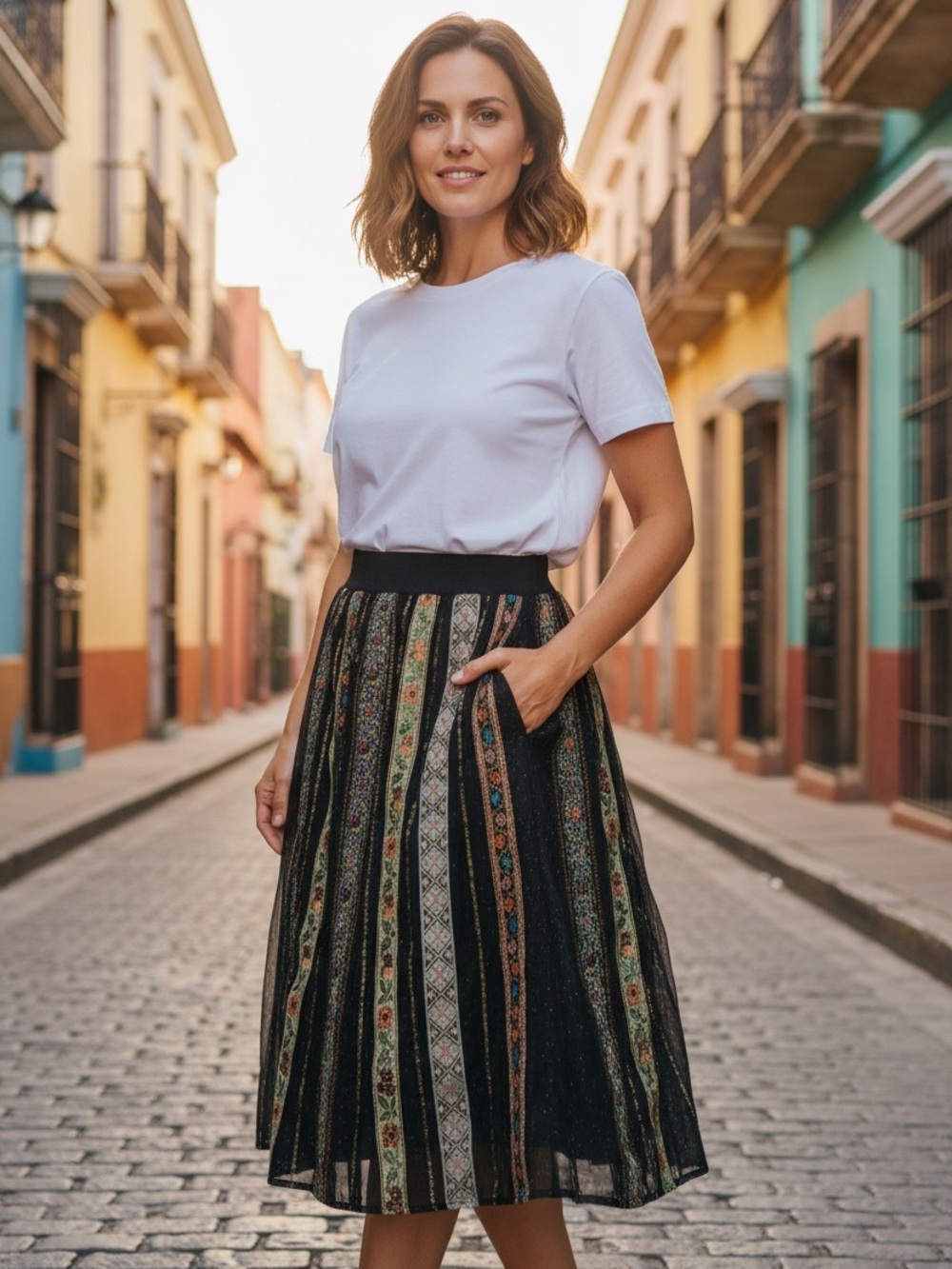 V Cristina Black Midi Skirt with Floral Stripe Panels
